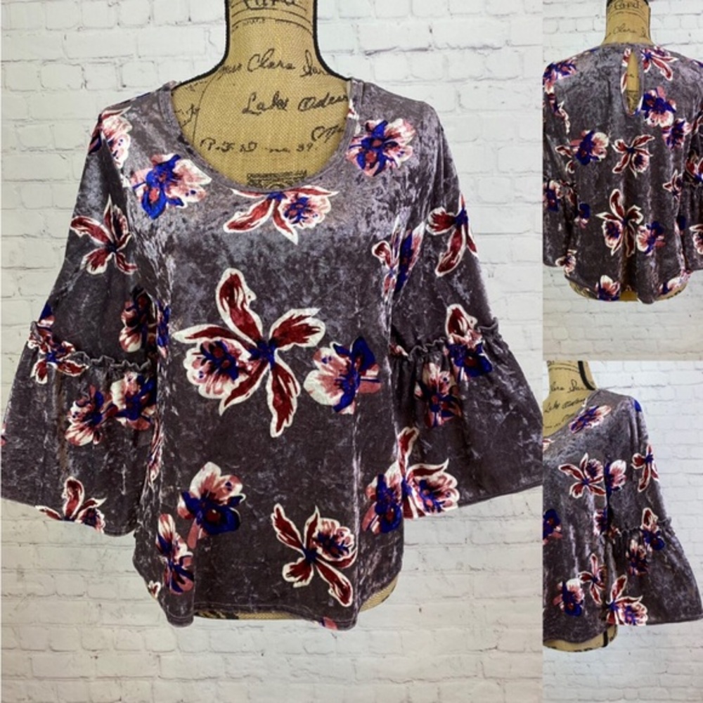 Sienna Sky Velvet Floral Print Bell Sleeve Top